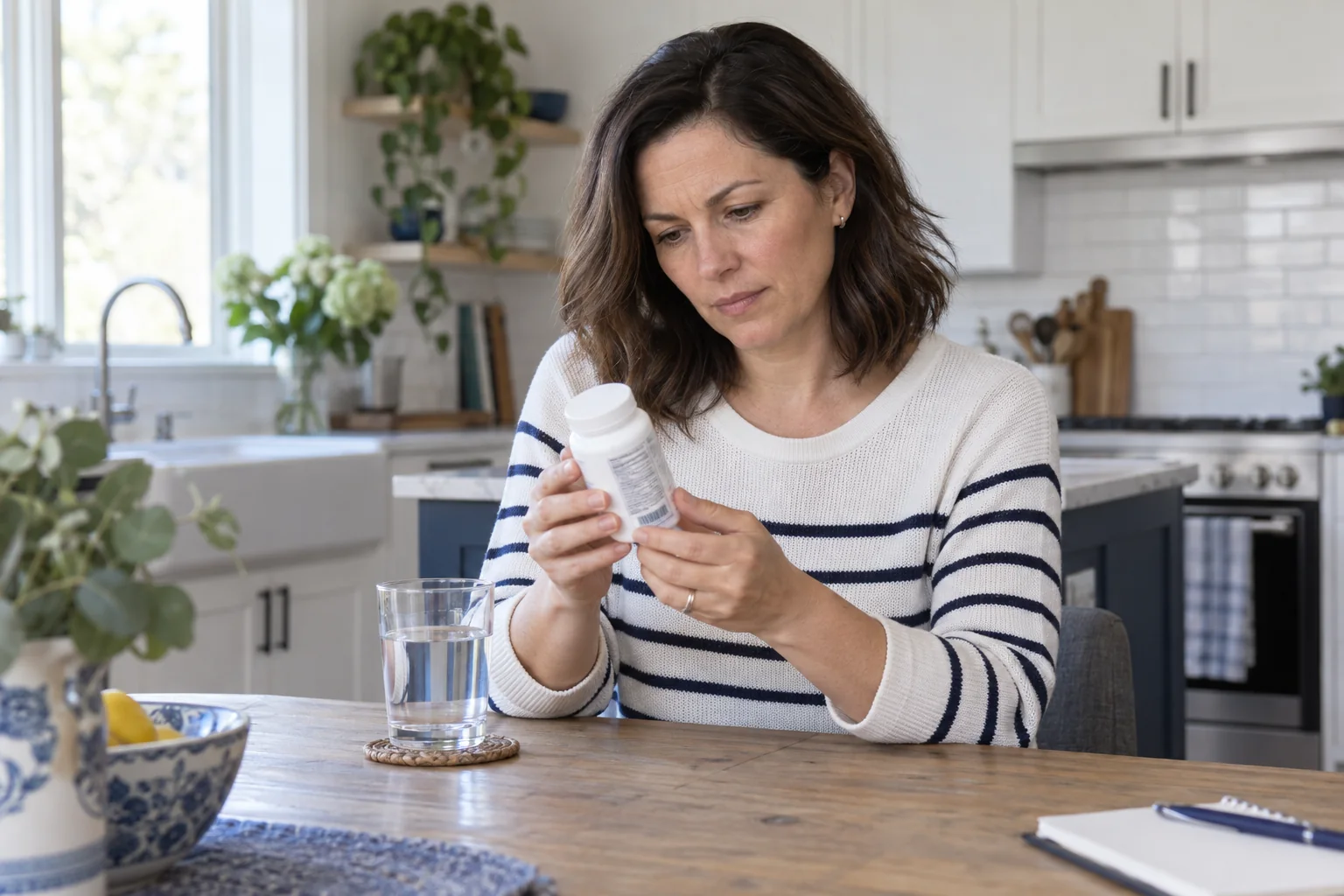 AI illustration of a woman in her forties examining a supplement bottle label at her kitchen table