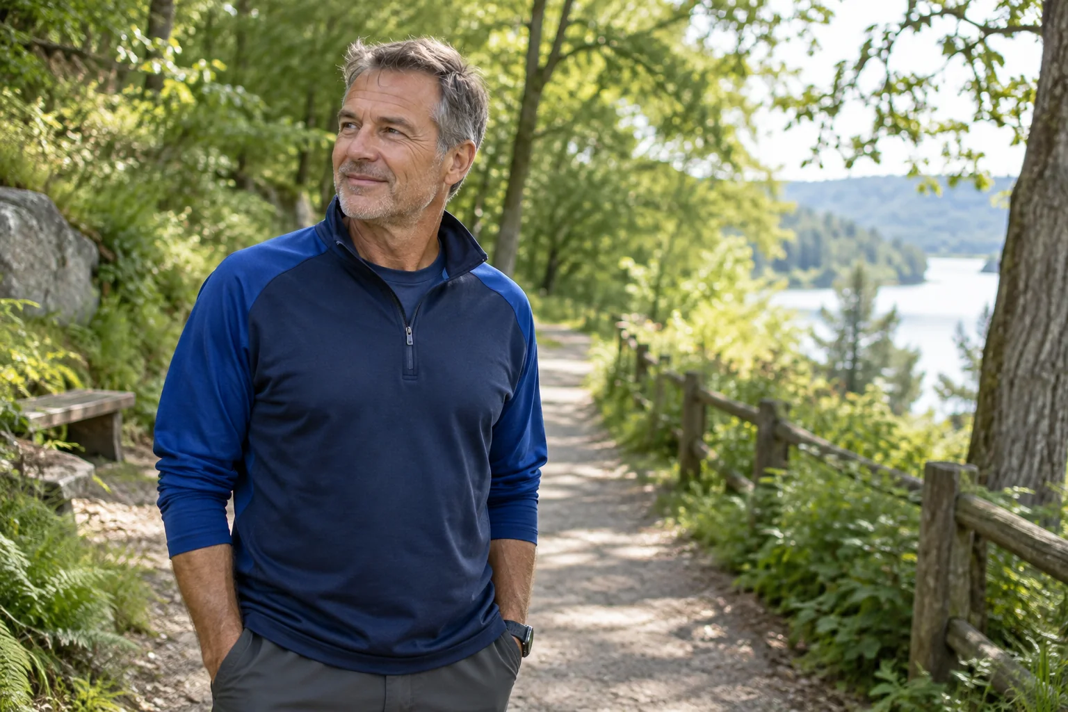 AI illustration of a man in his fifties pausing along a lakeside walking path