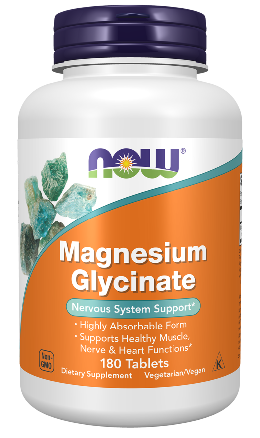 NOW Foods Magnesium Glycinate bottle, 180 tablets