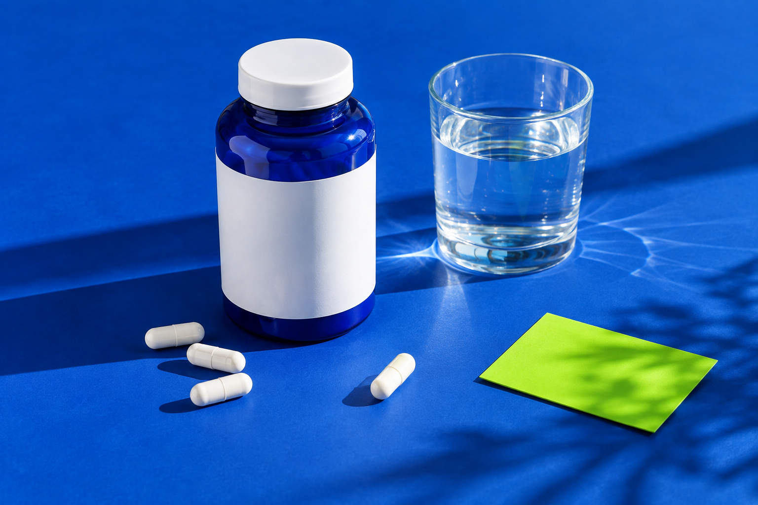 AI illustration of an unbranded supplement bottle, capsules and water